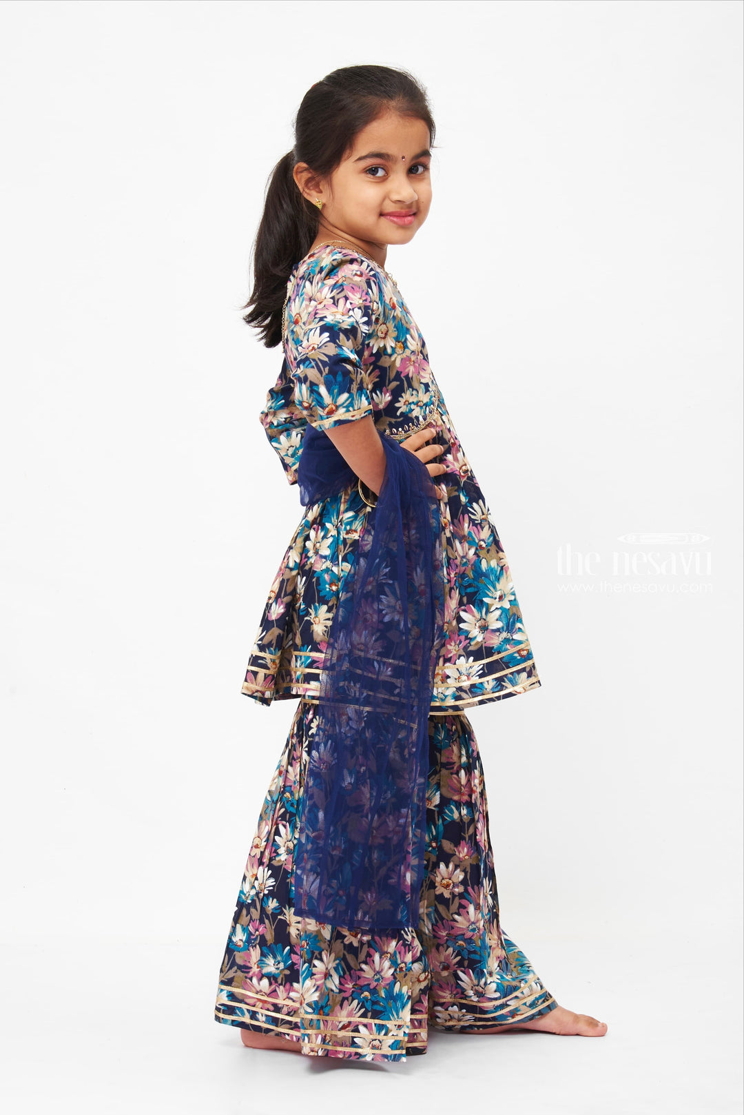 The Nesavu Girls Sharara / Plazo Set Elegant Floral Kurti with Gharara Pant and Dupatta Set for Girls Nesavu Festive Gharara Collection for Kids | Elegant Gharara Dresses for Kids | The Nesavu