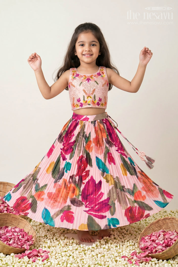 The Nesavu Girls Lehenga Choli Elegant Floral Lehenga for Girls in Chinon Silk with Digital Print and Embroidered Choli Nesavu 24 (5Y) / Peach GL580A-24 Floral Lehenga Girls Chinon Silk Digital Print Embroidered Choli | The Nesavu