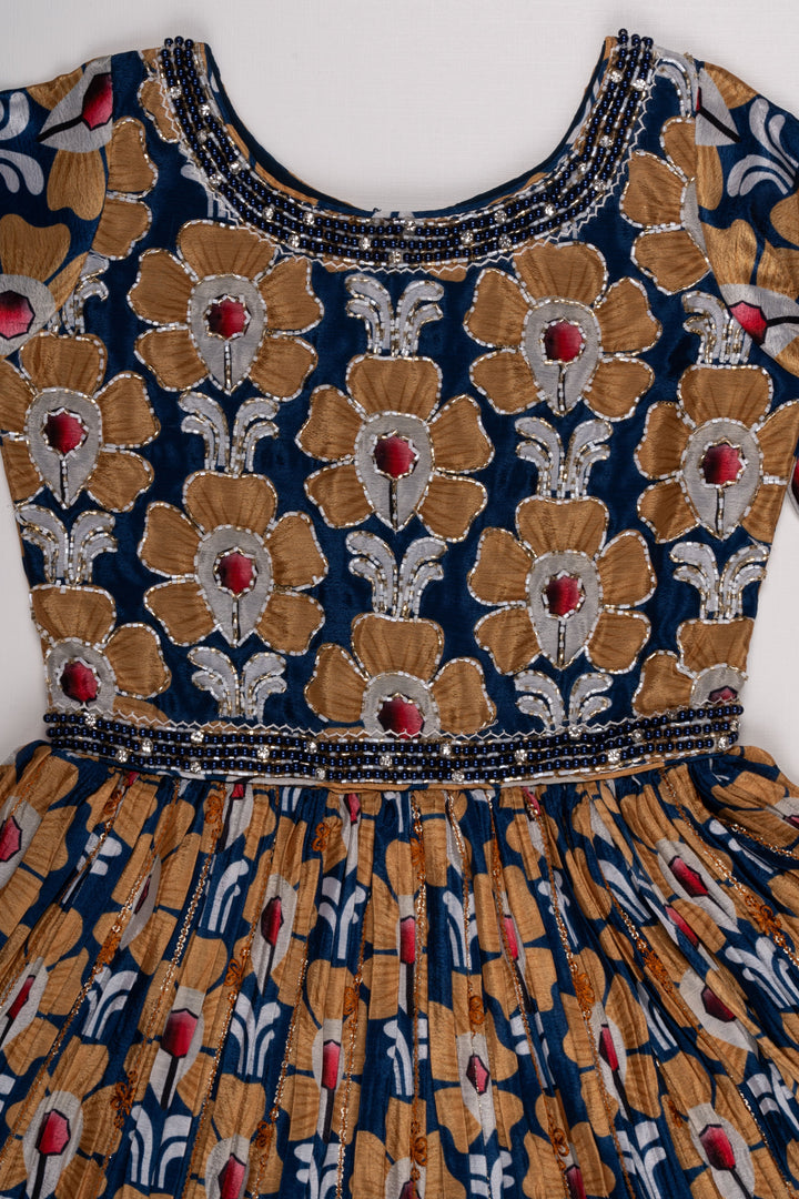 The Nesavu Girls Party Gown Elegant Floral Motif Navy Blue and Mustard Anarkali Gown for Girls- Festive Anarkali Dresses Nesavu Ethnic Anarkali Dresses Online Shopping | Anarkali Dress Shopping Near Me | The Nesavu