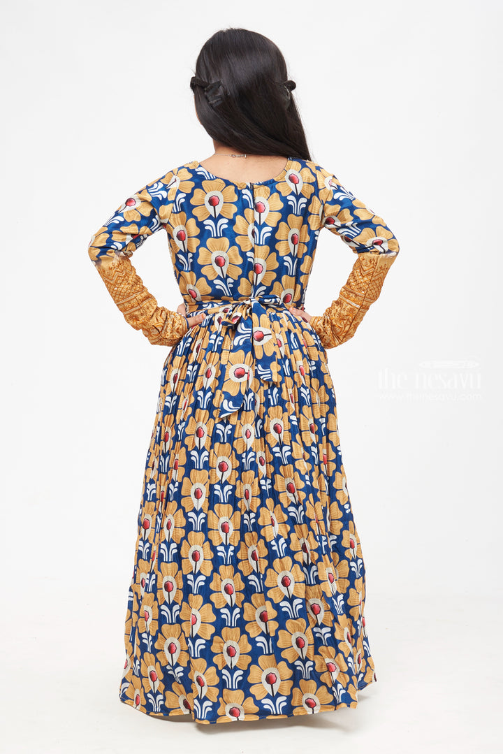 The Nesavu Girls Party Gown Elegant Floral Motif Navy Blue and Mustard Anarkali Gown for Girls- Festive Anarkali Dresses Nesavu Ethnic Anarkali Dresses Online Shopping | Anarkali Dress Shopping Near Me | The Nesavu