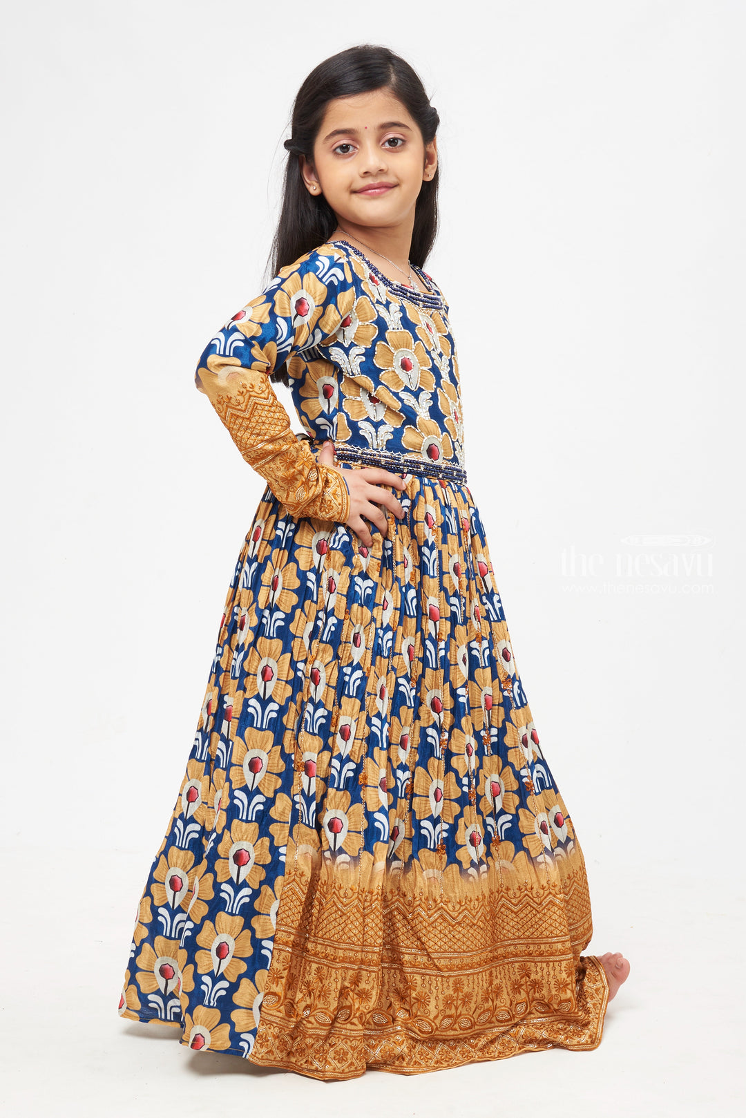 The Nesavu Girls Party Gown Elegant Floral Motif Navy Blue and Mustard Anarkali Gown for Girls- Festive Anarkali Dresses Nesavu Ethnic Anarkali Dresses Online Shopping | Anarkali Dress Shopping Near Me | The Nesavu