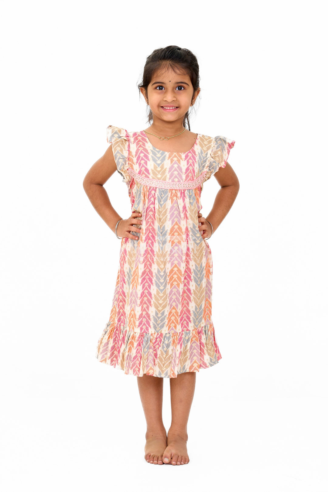 The Nesavu Girls Cotton Frock Elegant Girls Cotton Chikan Dress with Vibrant Chevron Print and Intricate Lace Details Nesavu 16 (1Y) / Peach GFC1550B-16 Nesavu Girls Cotton Chikan Dress Vibrant Chevron Print Lace Yoke Ruffle Details