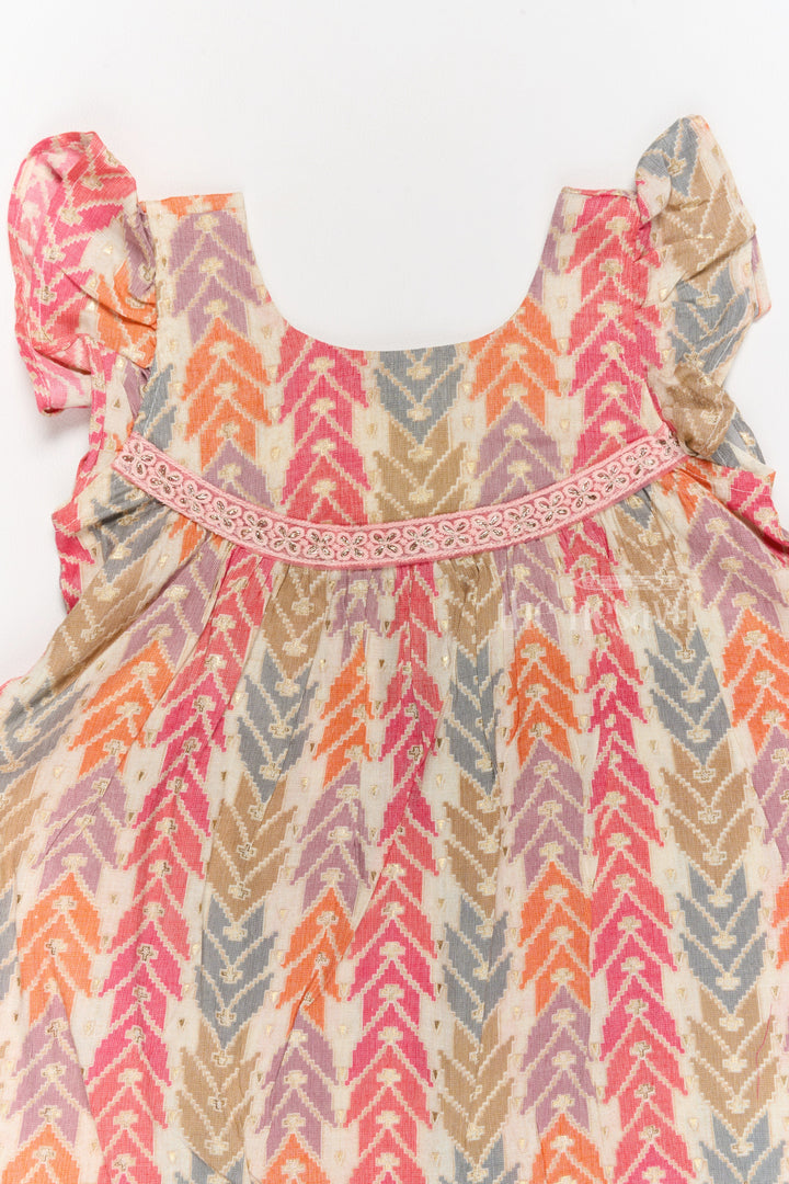 The Nesavu Girls Cotton Frock Elegant Girls Cotton Chikan Dress with Vibrant Chevron Print and Intricate Lace Details Nesavu Nesavu Girls Cotton Chikan Dress Vibrant Chevron Print Lace Yoke Ruffle Details