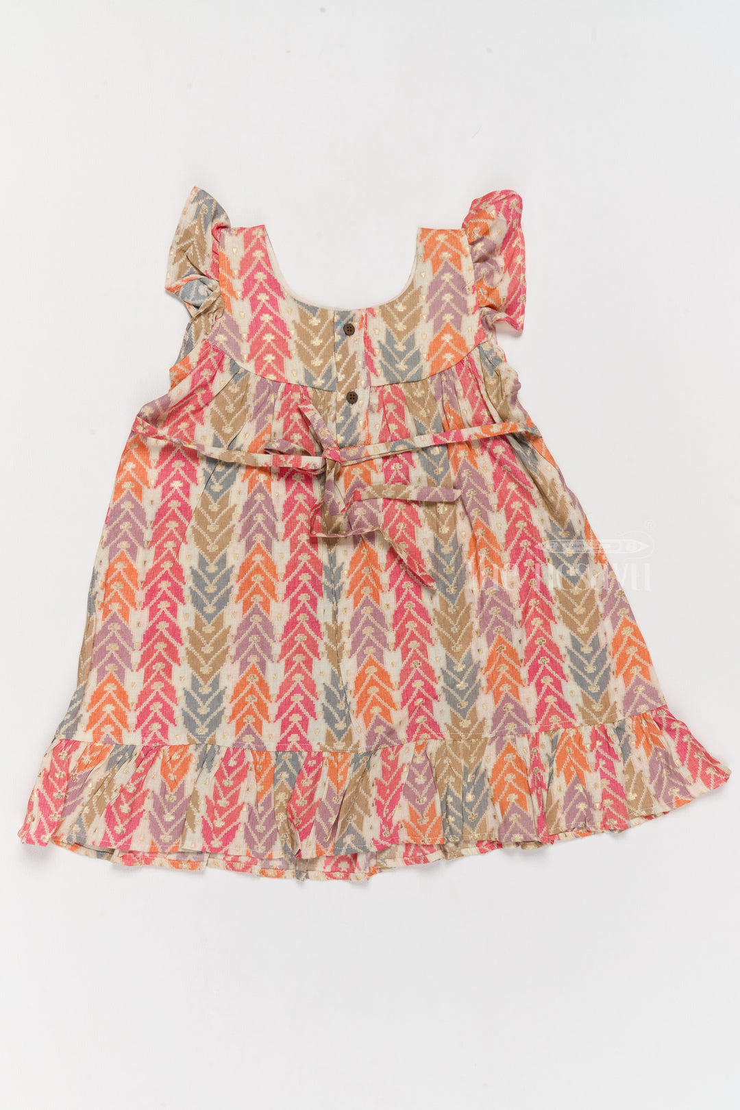 The Nesavu Girls Cotton Frock Elegant Girls Cotton Chikan Dress with Vibrant Chevron Print and Intricate Lace Details Nesavu Nesavu Girls Cotton Chikan Dress Vibrant Chevron Print Lace Yoke Ruffle Details