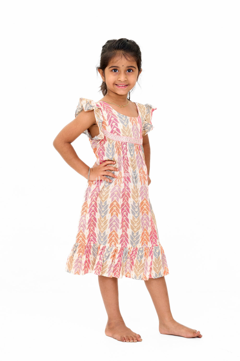 The Nesavu Girls Cotton Frock Elegant Girls Cotton Chikan Dress with Vibrant Chevron Print and Intricate Lace Details Nesavu Nesavu Girls Cotton Chikan Dress Vibrant Chevron Print Lace Yoke Ruffle Details