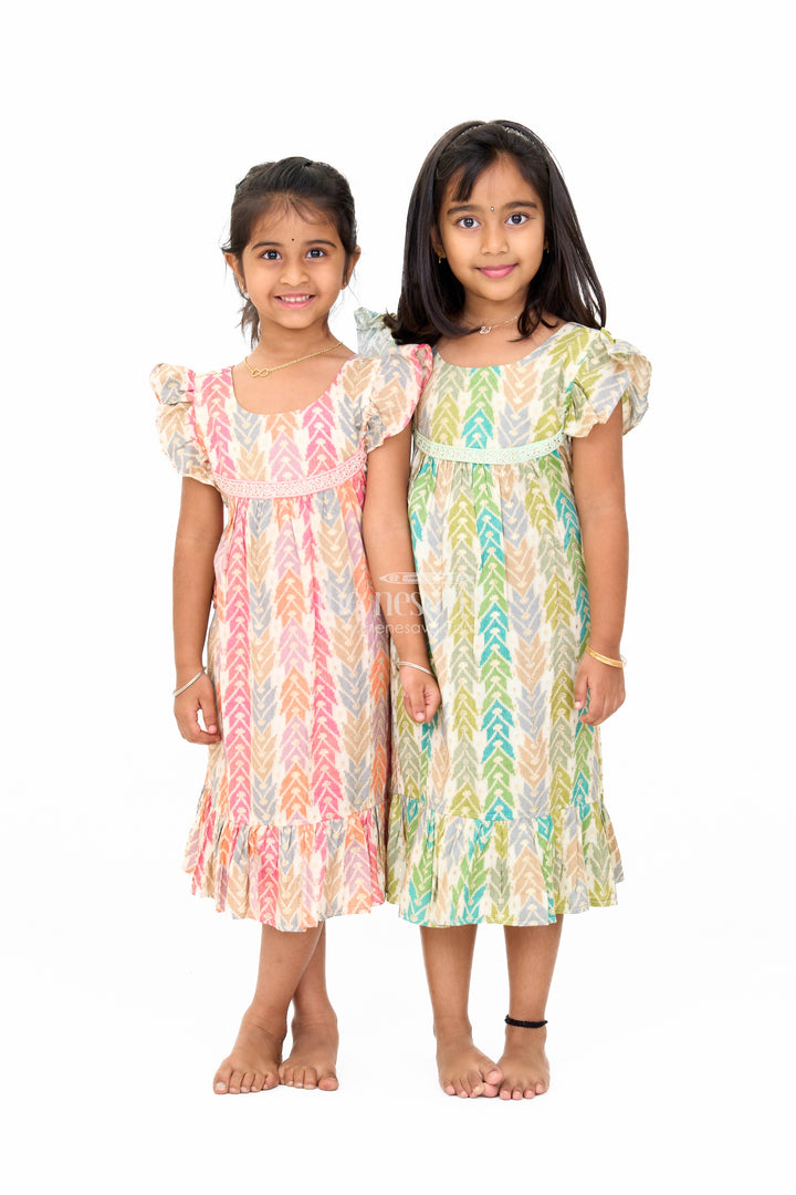 The Nesavu Girls Cotton Frock Elegant Girls Cotton Chikan Dress with Vibrant Chevron Print and Intricate Lace Details Nesavu Nesavu Girls Cotton Chikan Dress Vibrant Chevron Print Lace Yoke Ruffle Details