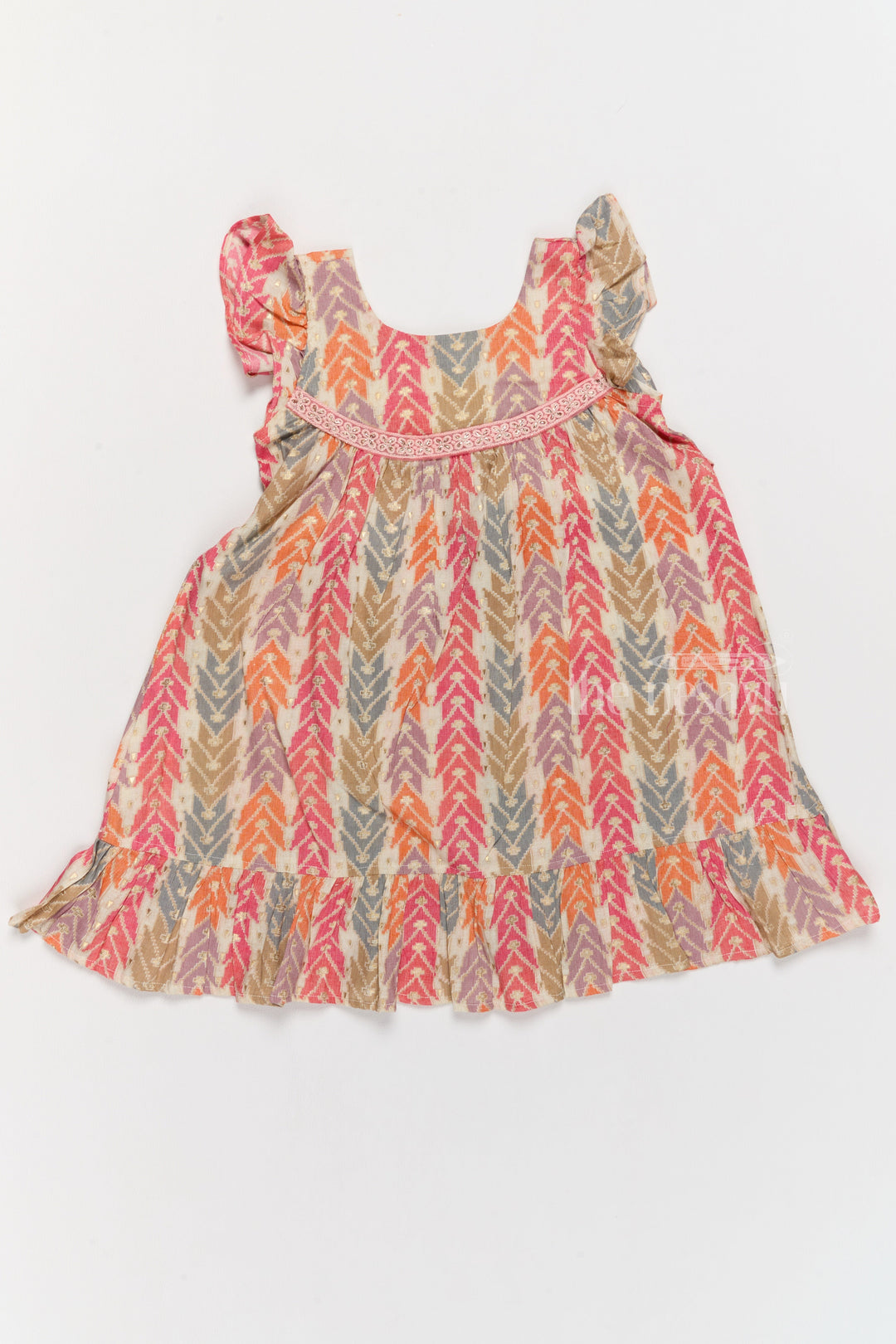 The Nesavu Girls Cotton Frock Elegant Girls Cotton Chikan Dress with Vibrant Chevron Print and Intricate Lace Details Nesavu Nesavu Girls Cotton Chikan Dress Vibrant Chevron Print Lace Yoke Ruffle Details