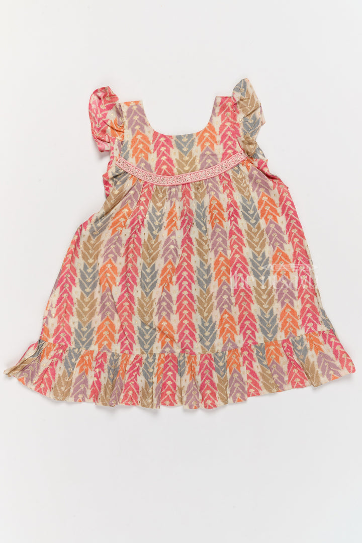 The Nesavu Girls Cotton Frock Elegant Girls Cotton Chikan Dress with Vibrant Chevron Print and Intricate Lace Details Nesavu Nesavu Girls Cotton Chikan Dress Vibrant Chevron Print Lace Yoke Ruffle Details