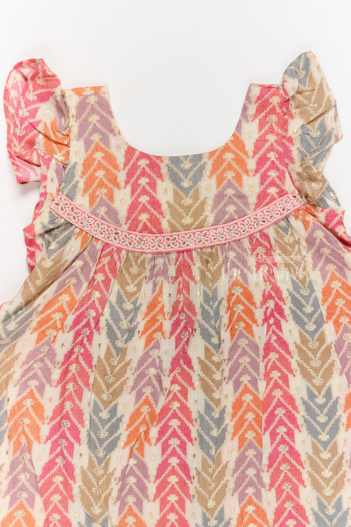 The Nesavu Girls Cotton Frock Elegant Girls Cotton Chikan Dress with Vibrant Chevron Print and Intricate Lace Details Nesavu Nesavu Girls Cotton Chikan Dress Vibrant Chevron Print Lace Yoke Ruffle Details