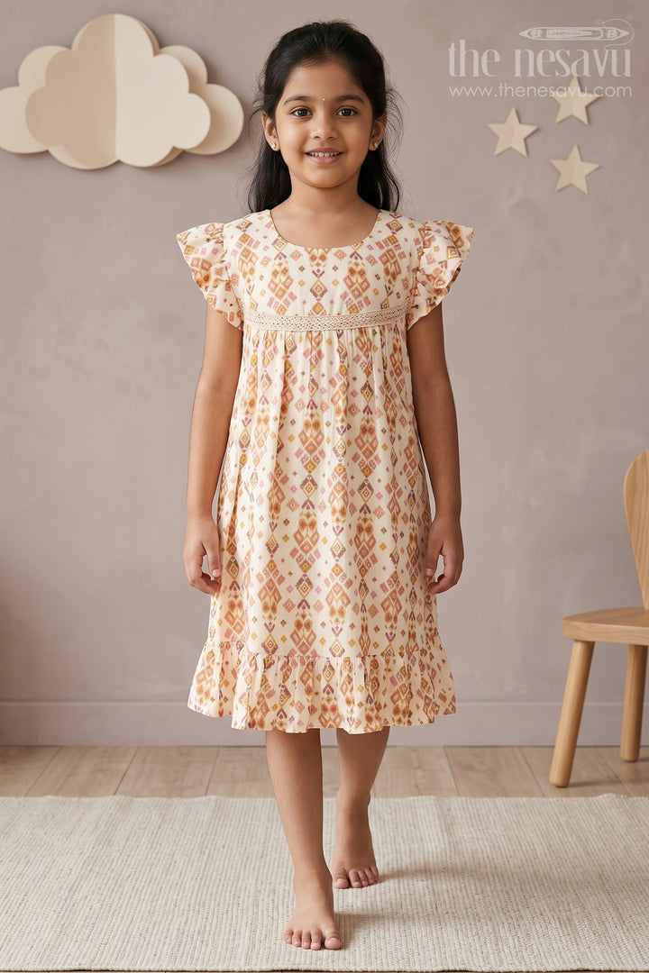 The Nesavu Girls Cotton Frock Elegant Girls Cotton Dress Fashion with Geometric Print and Delicate Lace Design Nesavu 16 (1Y) / Beige GFC1552A-16 Girls Cotton Dress Fashion Geometric Print Lace Yoke Playful Ruffles | The Nesavu