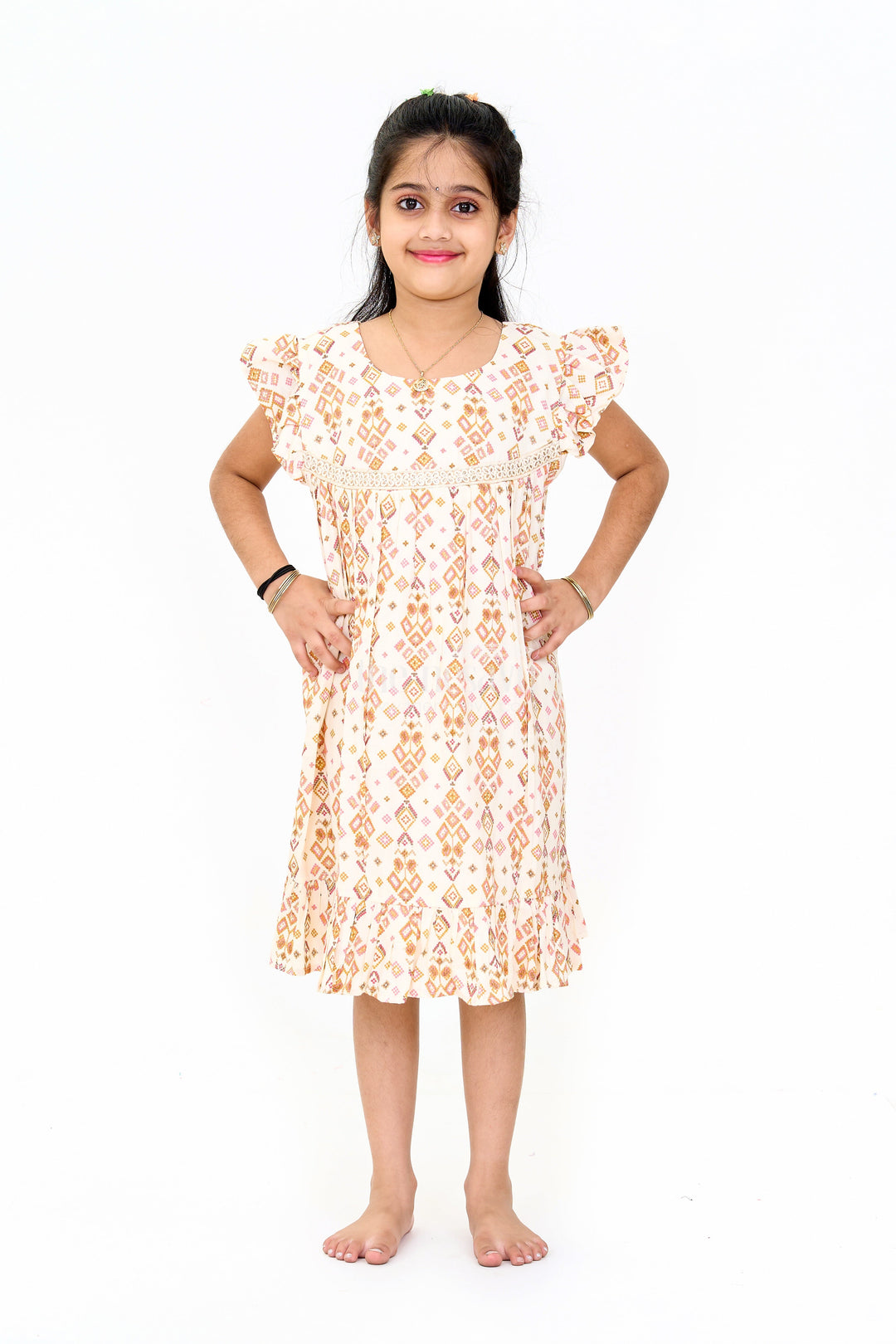 The Nesavu Girls Cotton Frock Elegant Girls Cotton Dress Fashion with Geometric Print and Delicate Lace Design Nesavu 16 (1Y) / Beige GFC1552A-16 Nesavu Girls Cotton Dress Fashion Geometric Print Lace Yoke Playful Ruffles