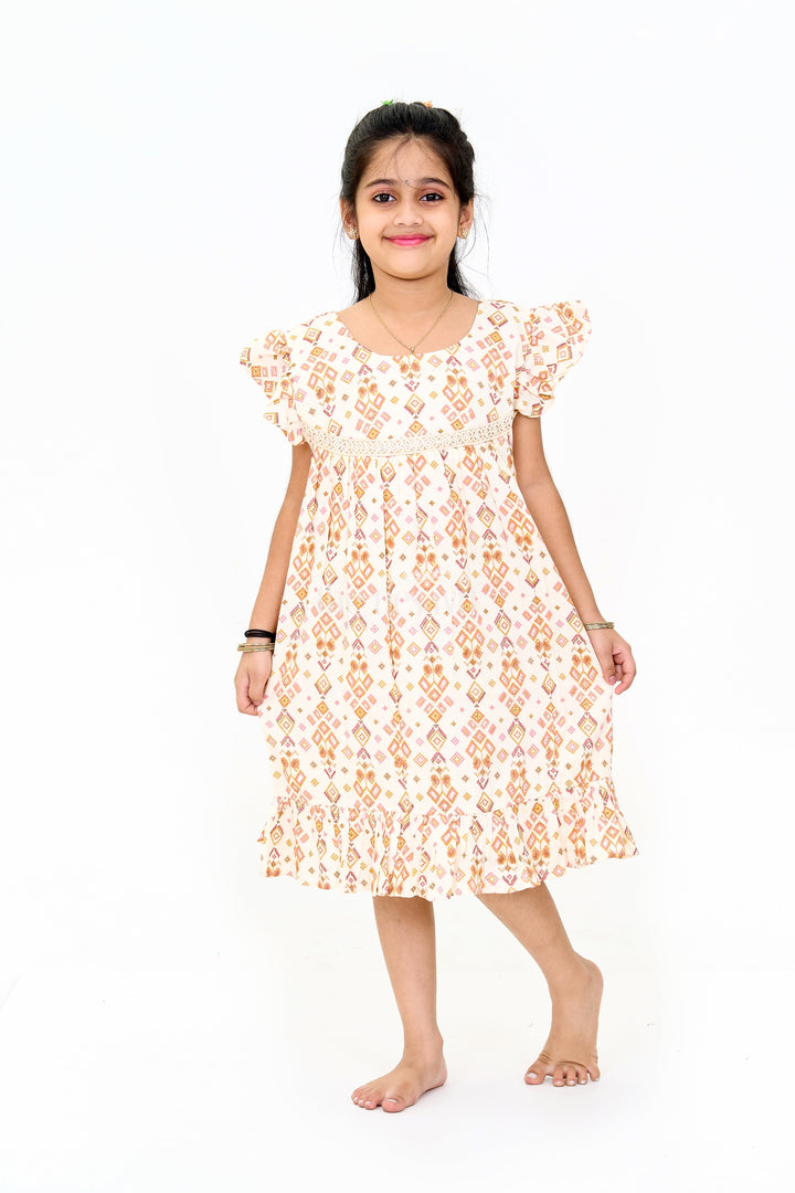 The Nesavu Girls Cotton Frock Elegant Girls Cotton Dress Fashion with Geometric Print and Delicate Lace Design Nesavu Nesavu Girls Cotton Dress Fashion Geometric Print Lace Yoke Playful Ruffles