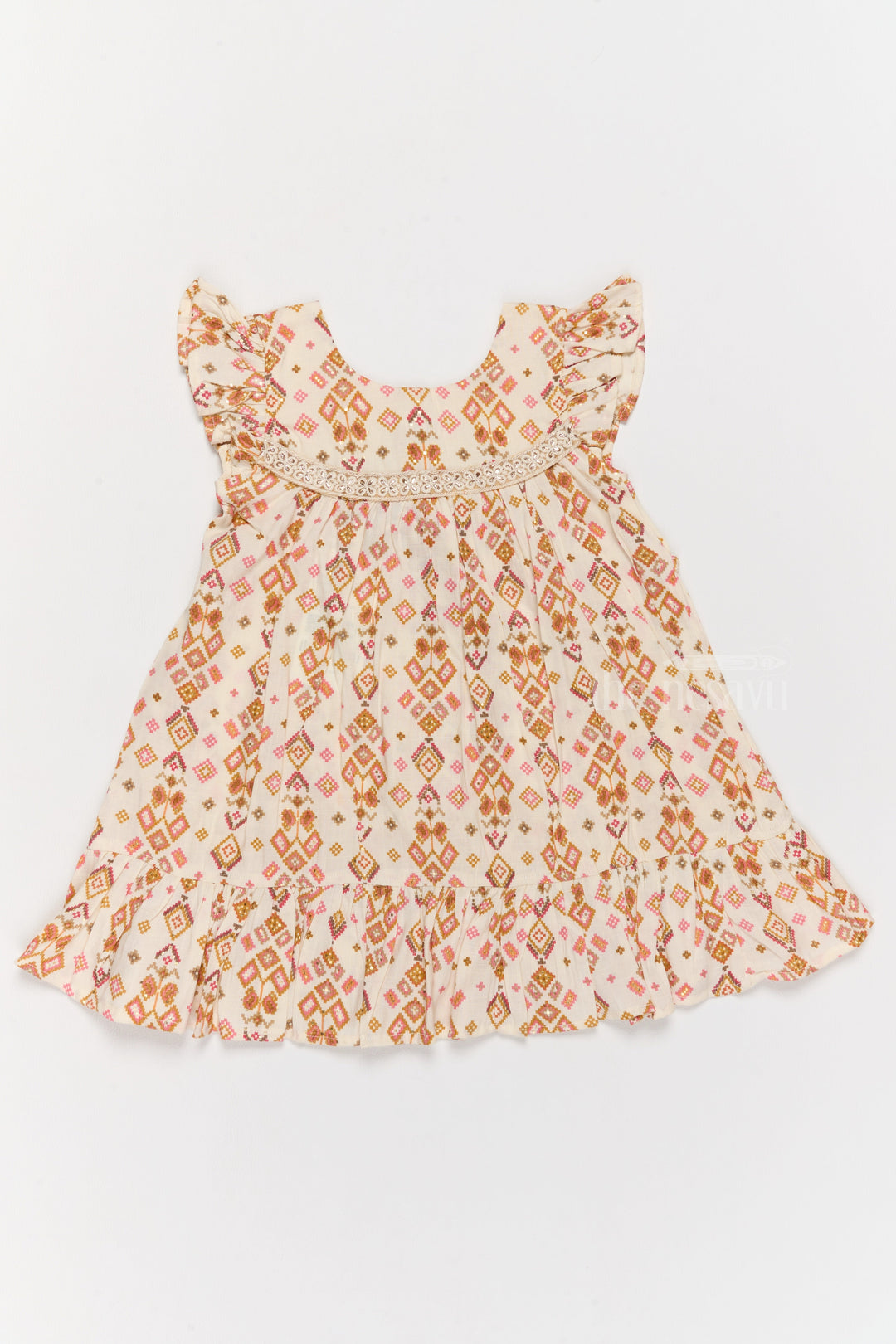 The Nesavu Girls Cotton Frock Elegant Girls Cotton Dress Fashion with Geometric Print and Delicate Lace Design Nesavu Nesavu Girls Cotton Dress Fashion Geometric Print Lace Yoke Playful Ruffles
