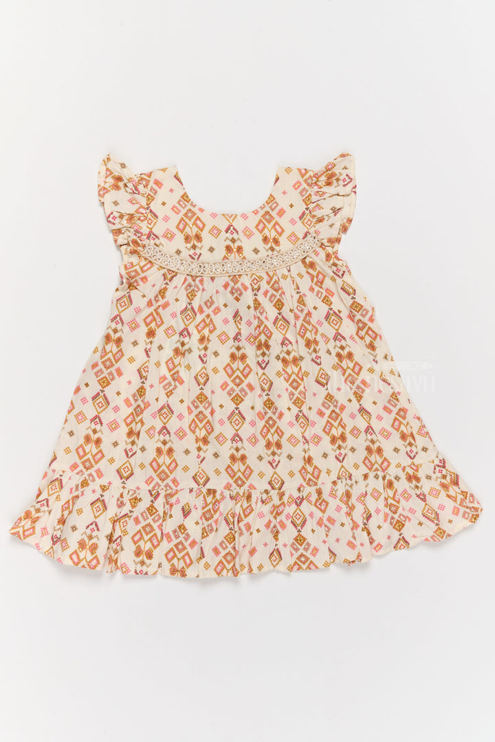 The Nesavu Girls Cotton Frock Elegant Girls Cotton Dress Fashion with Geometric Print and Delicate Lace Design Nesavu Nesavu Girls Cotton Dress Fashion Geometric Print Lace Yoke Playful Ruffles