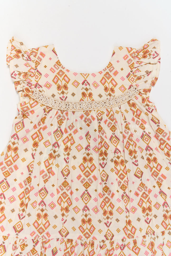 The Nesavu Girls Cotton Frock Elegant Girls Cotton Dress Fashion with Geometric Print and Delicate Lace Design Nesavu Nesavu Girls Cotton Dress Fashion Geometric Print Lace Yoke Playful Ruffles
