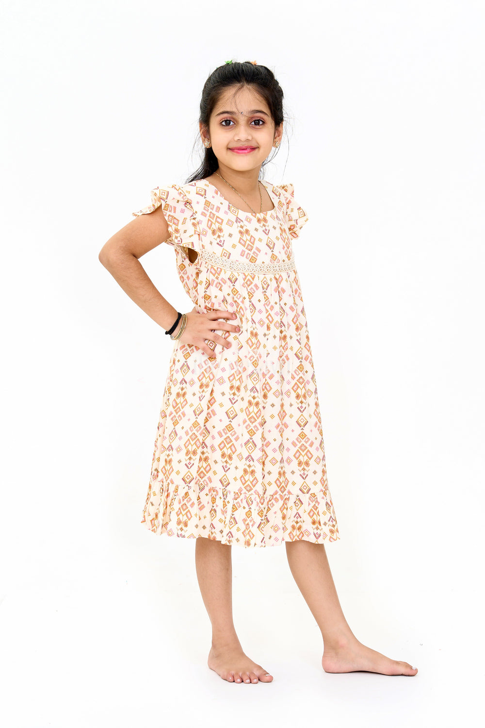 The Nesavu Girls Cotton Frock Elegant Girls Cotton Dress Fashion with Geometric Print and Delicate Lace Design Nesavu Nesavu Girls Cotton Dress Fashion Geometric Print Lace Yoke Playful Ruffles