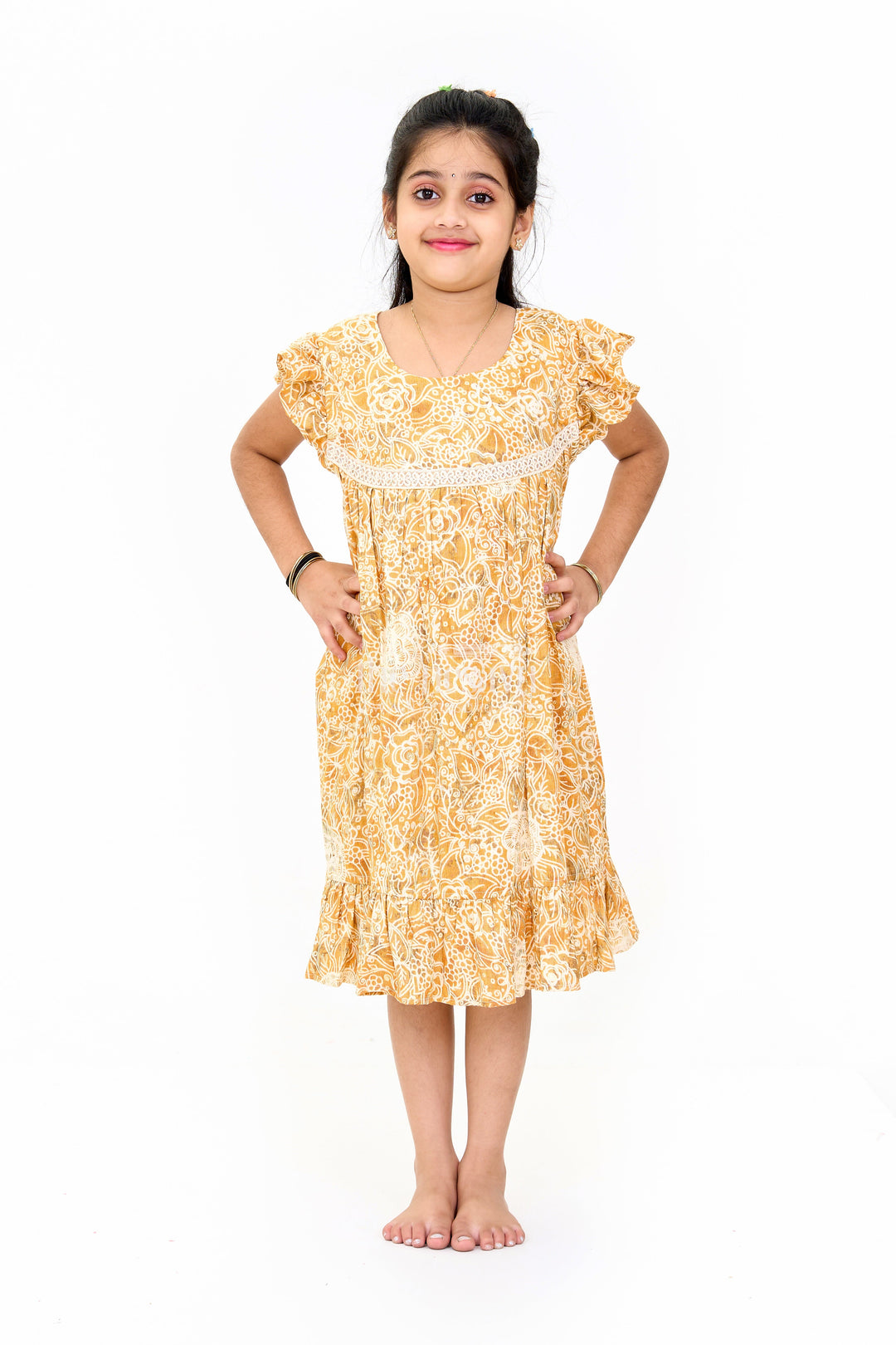 The Nesavu Girls Cotton Frock Elegant Girls Cotton Summer Dress with Vibrant Floral Pattern and Delicate Lace Design Nesavu 16 (1Y) / Yellow GFC1548B-16 Nesavu Girls Cotton Summer Dress Floral Print Lace Embroidery Ruffle Details Casual Wear