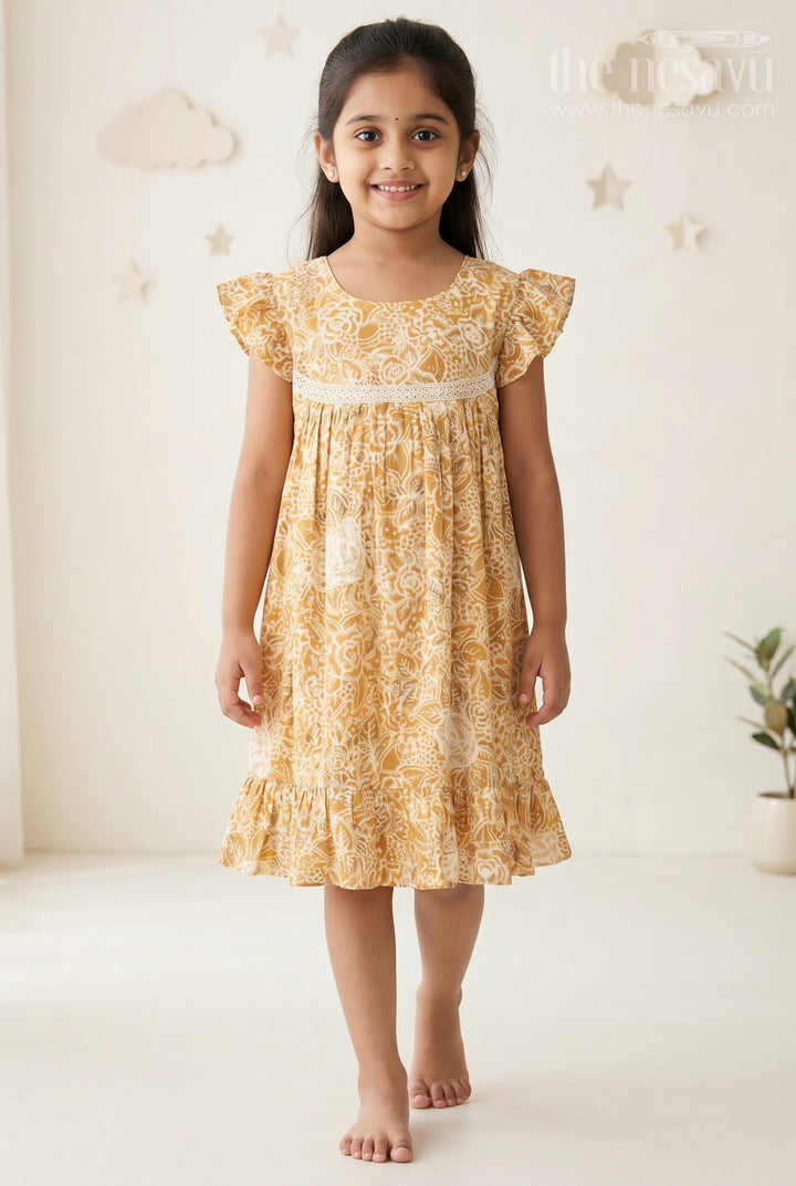 The Nesavu Girls Cotton Frock Elegant Girls Cotton Summer Dress with Vibrant Floral Pattern and Delicate Lace Design Nesavu 16 (1Y) / Yellow GFC1548B-16 Nesavu Girls Cotton Summer Dress Floral Print Lace Embroidery Ruffle Details Casual Wear
