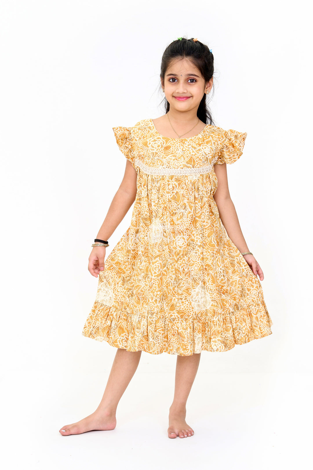 The Nesavu Girls Cotton Frock Elegant Girls Cotton Summer Dress with Vibrant Floral Pattern and Delicate Lace Design Nesavu Nesavu Girls Cotton Summer Dress Floral Print Lace Embroidery Ruffle Details Casual Wear