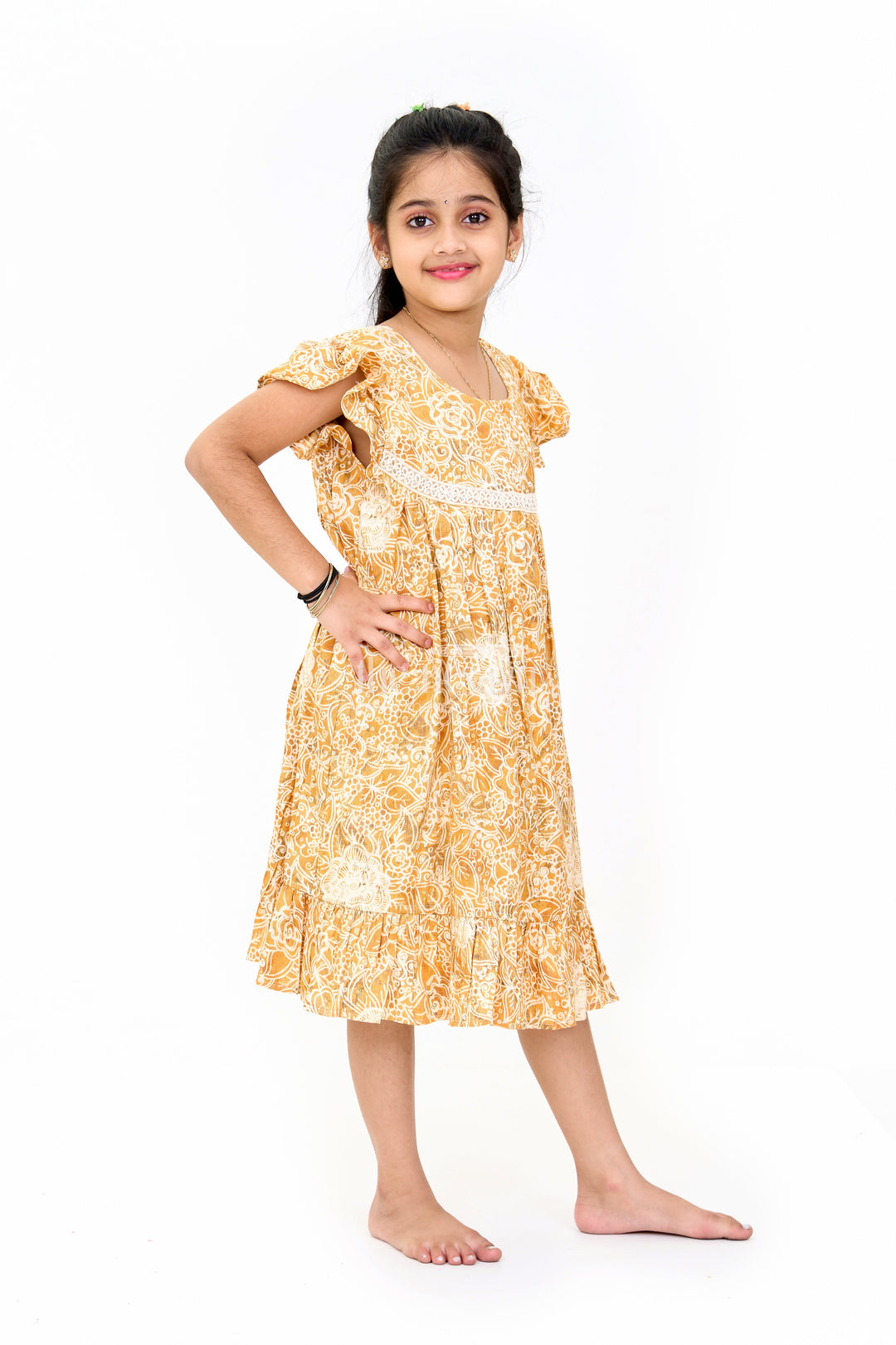 The Nesavu Girls Cotton Frock Elegant Girls Cotton Summer Dress with Vibrant Floral Pattern and Delicate Lace Design Nesavu Nesavu Girls Cotton Summer Dress Floral Print Lace Embroidery Ruffle Details Casual Wear
