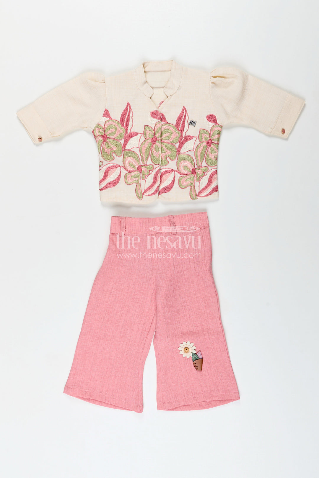 The Nesavu Girls Casual Set Elegant girls embroidered cotton casual set with playful pant and top combo Nesavu Cotton casual set girls embroidery pant  Nesavu traditional fusion outfit