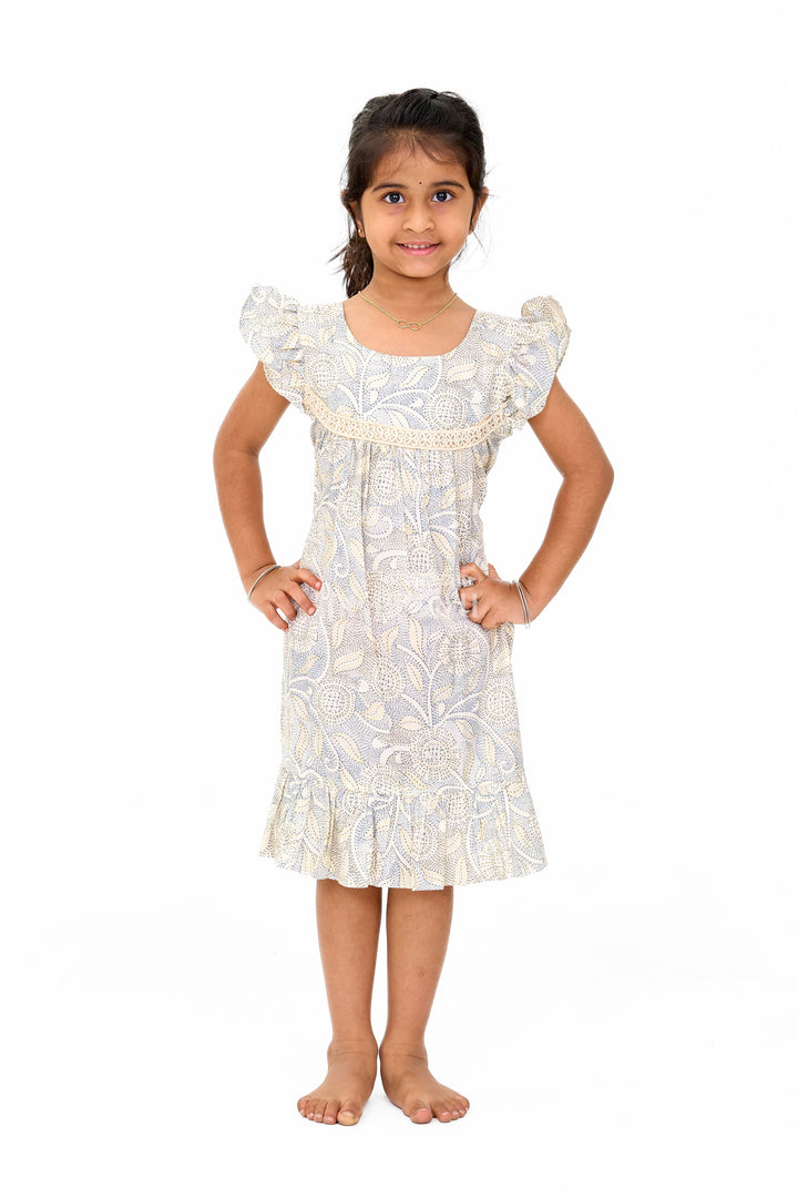 The Nesavu Girls Cotton Frock Elegant Girls Floral Cotton Dress with Vibrant Print and Ruffle Details Nesavu 16 (1Y) / Multicolor GFC1549A-16 Nesavu Girls Floral Cotton Dress Lace Yoke Ruffle Hem Cheerful Print Spring Events