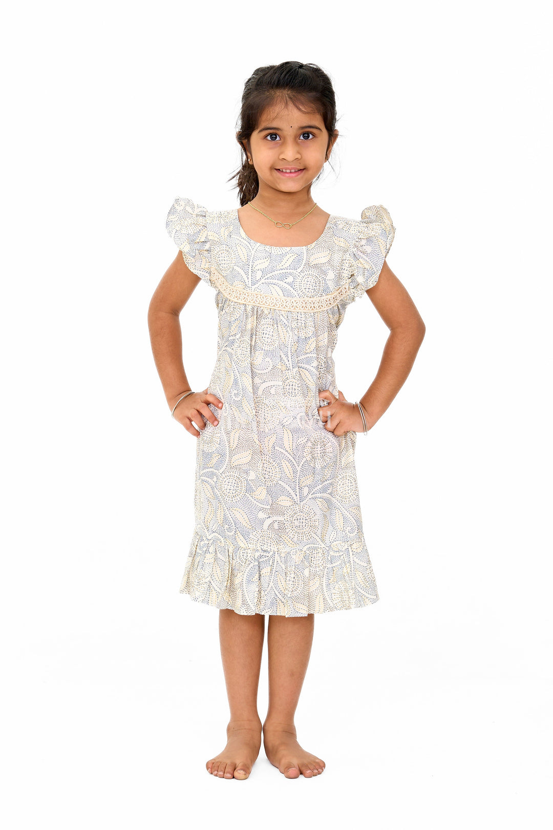 The Nesavu Girls Cotton Frock Elegant Girls Floral Cotton Dress with Vibrant Print and Ruffle Details Nesavu 16 (1Y) / Multicolor GFC1549A-16 Nesavu Girls Floral Cotton Dress Lace Yoke Ruffle Hem Cheerful Print Spring Events