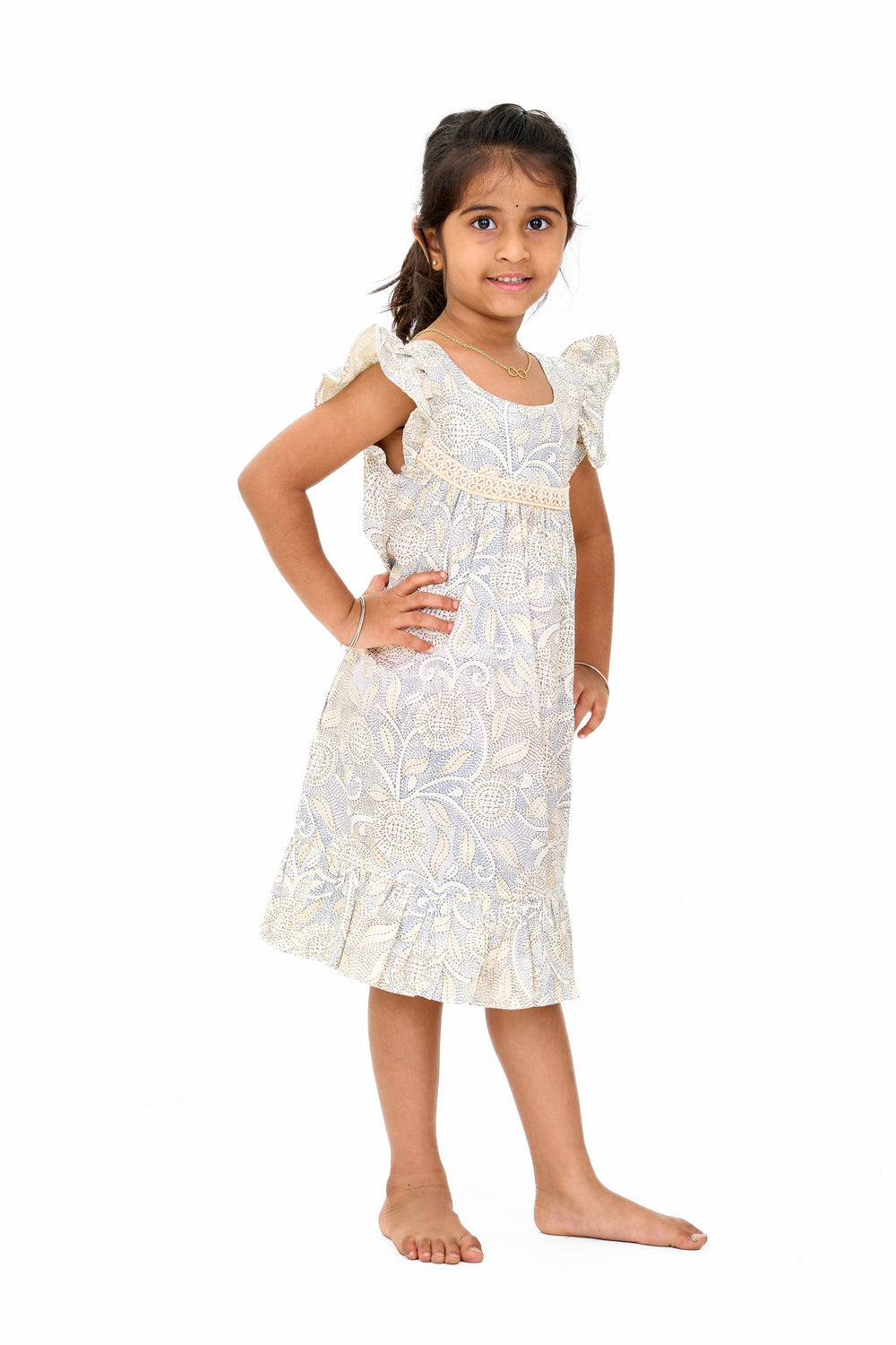 The Nesavu Girls Cotton Frock Elegant Girls Floral Cotton Dress with Vibrant Print and Ruffle Details Nesavu Nesavu Girls Floral Cotton Dress Lace Yoke Ruffle Hem Cheerful Print Spring Events