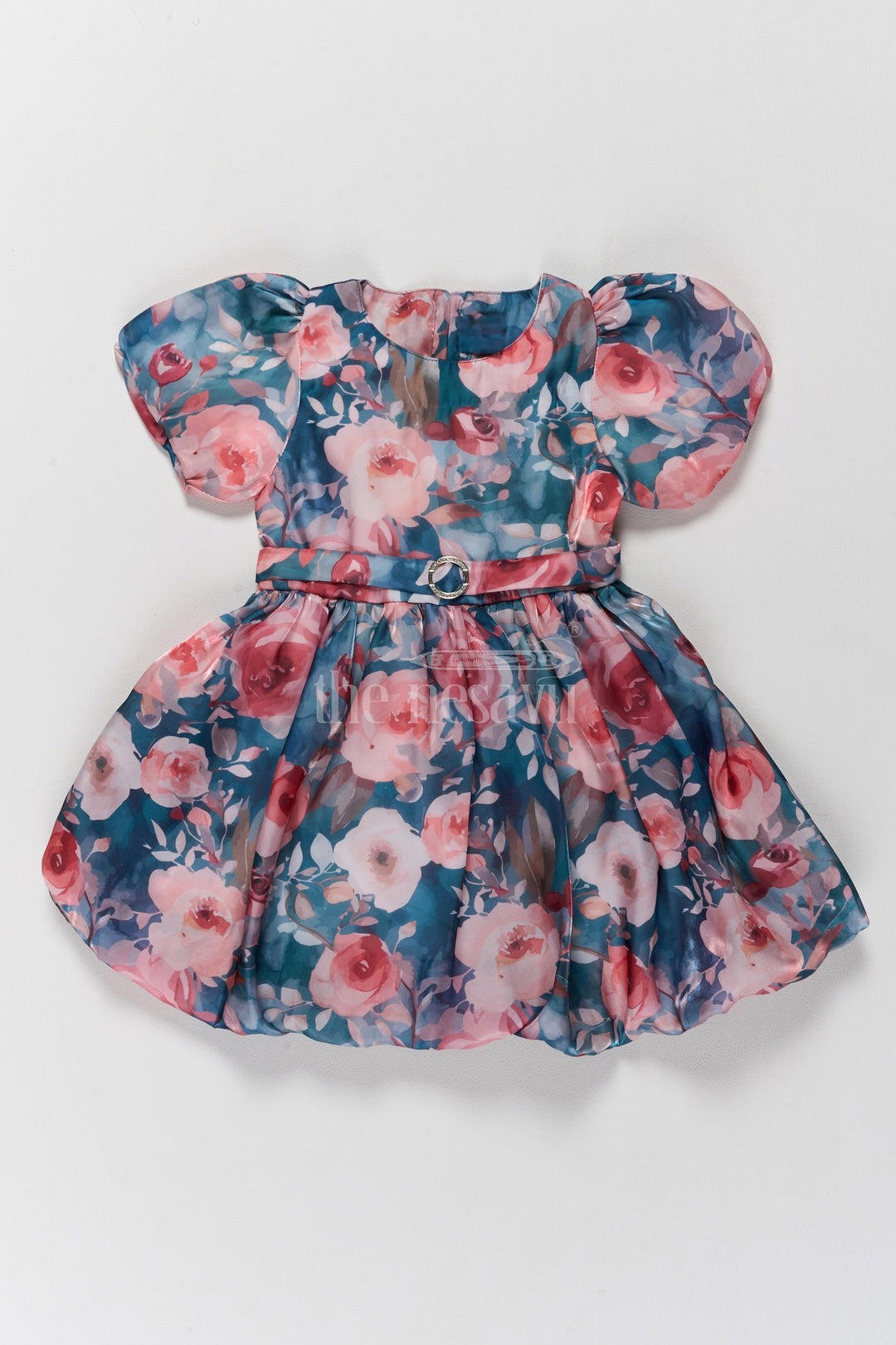 The Nesavu Girls Fancy Frock Elegant Girls Floral Fancy Frock with Puff Sleeves and Satin Belt Nesavu 20 (3Y) / Multicolor GFC1534A-20 Nesavu Girls Floral Georgette Frock Satin Belt Puff Sleeves