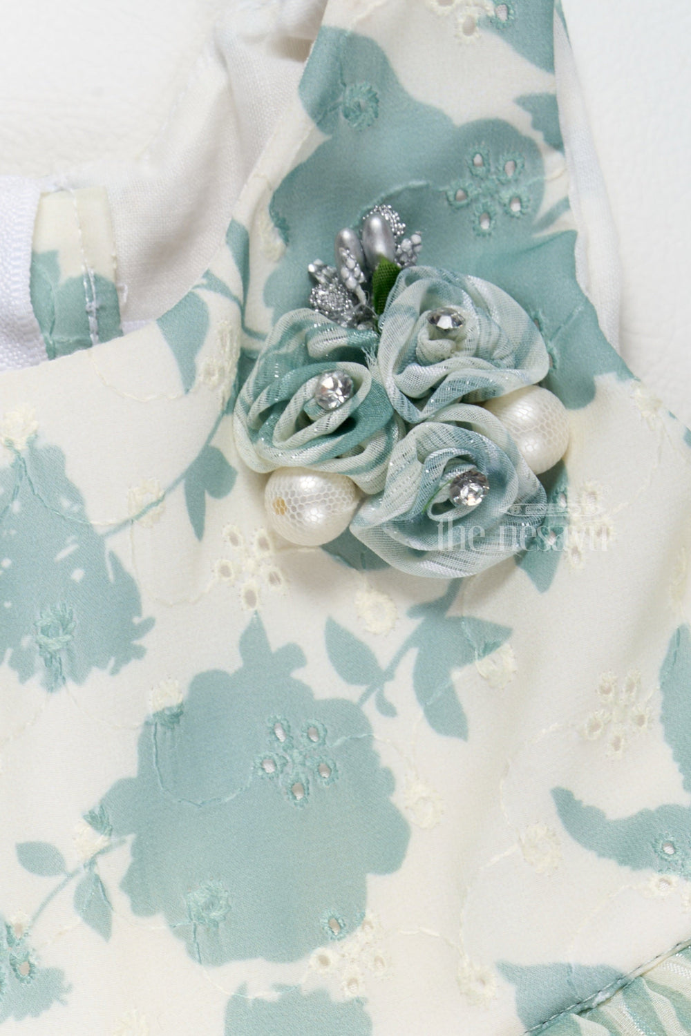 The Nesavu Girls Fancy Frock Elegant Girls Party Wear Fancy Frock in Green with Tiered Layers and Floral Embellishments Nesavu Chic Party Wear Fancy Frock Green Girls Nesavu  Perfect Festive Occasions