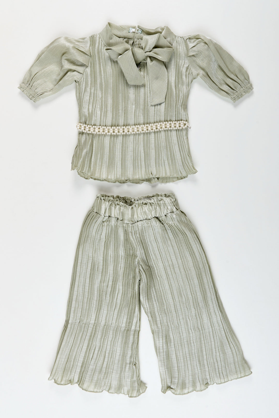 The Nesavu Girls Casual Set Elegant girls pleated georgette co-ord set with flared pants and stylish top Nesavu 18 (2Y) / Green GPS857C-18 Green pleated georgette co-ord set girls  Nesavu trendy traditional casuals