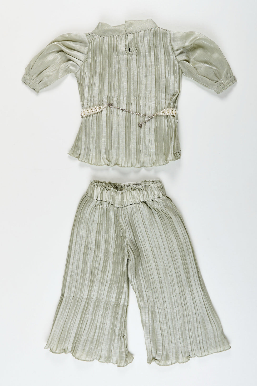 The Nesavu Girls Casual Set Elegant girls pleated georgette co-ord set with flared pants and stylish top Nesavu Green pleated georgette co-ord set girls  Nesavu trendy traditional casuals