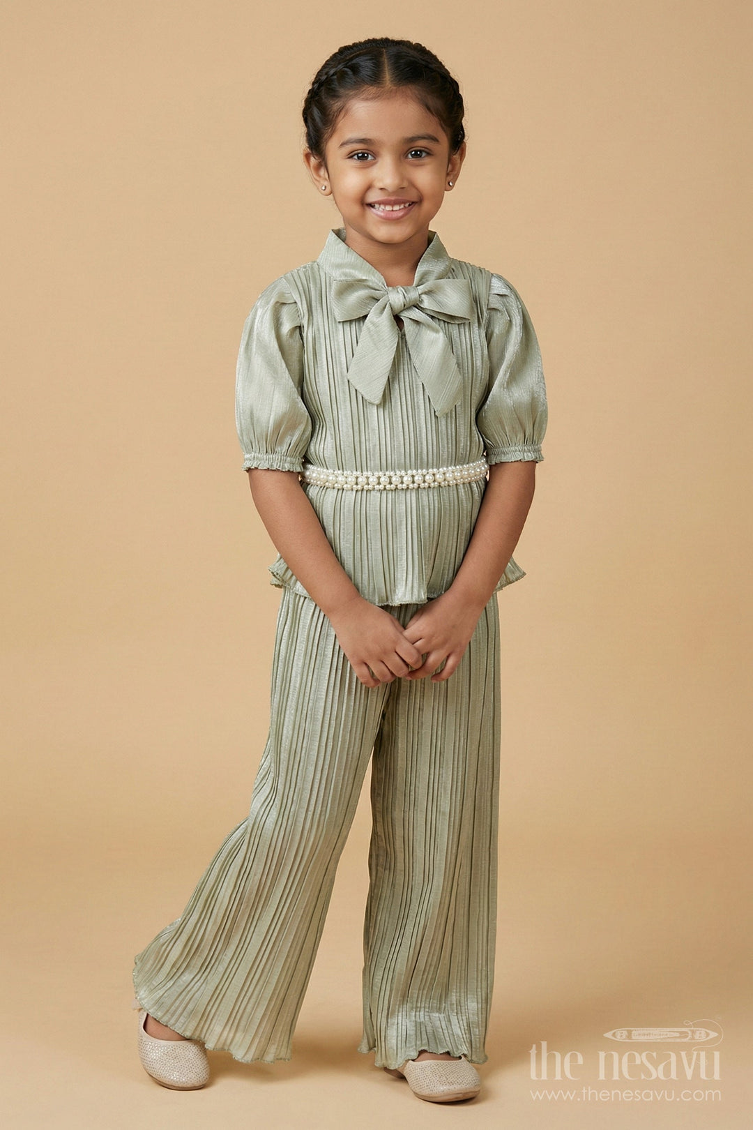 The Nesavu Girls Casual Set Elegant Girls Pleated Georgette Co-Ord Set with Flared Pants and Stylish Top Nesavu Green pleated georgette co-ord set girls  Nesavu trendy traditional casuals