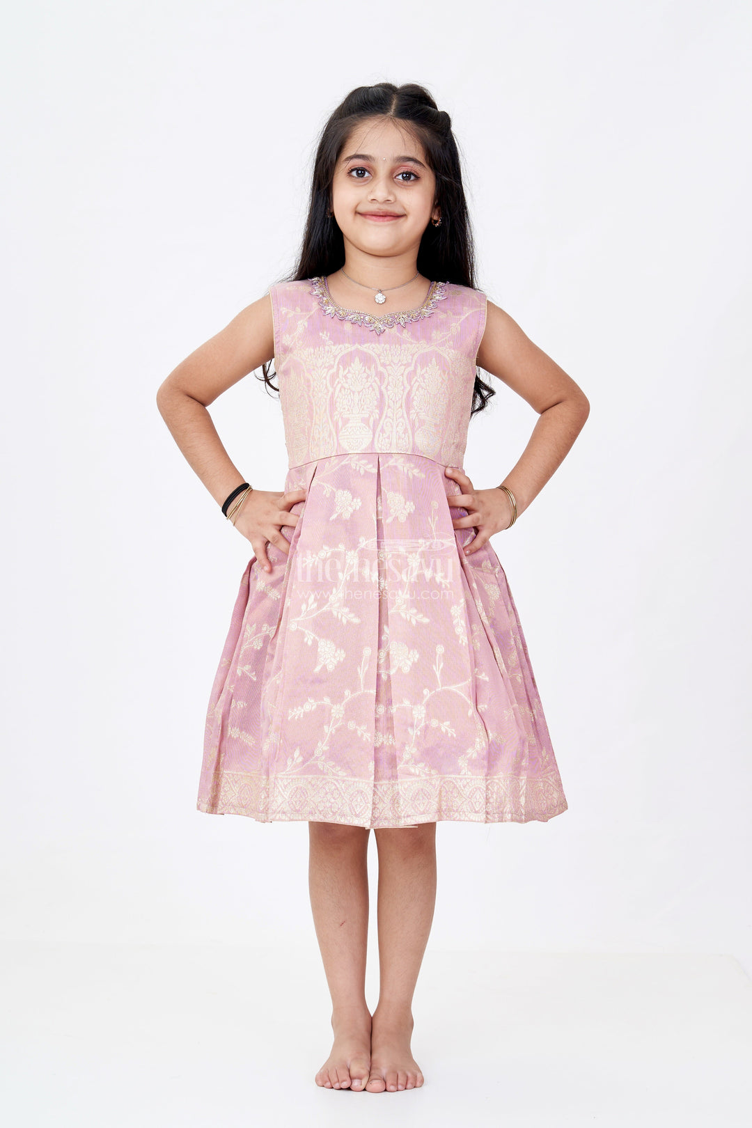 The Nesavu Silk Party Frock Elegant Girls Purple Silk Frock in Gold Tissue Banarasi Jacquard with Traditional Design Nesavu 16 (1Y) / Purple SF976D-16 Nesavu Girls Purple Silk Frock Banarasi Jacquard Gold Zari Embroidery