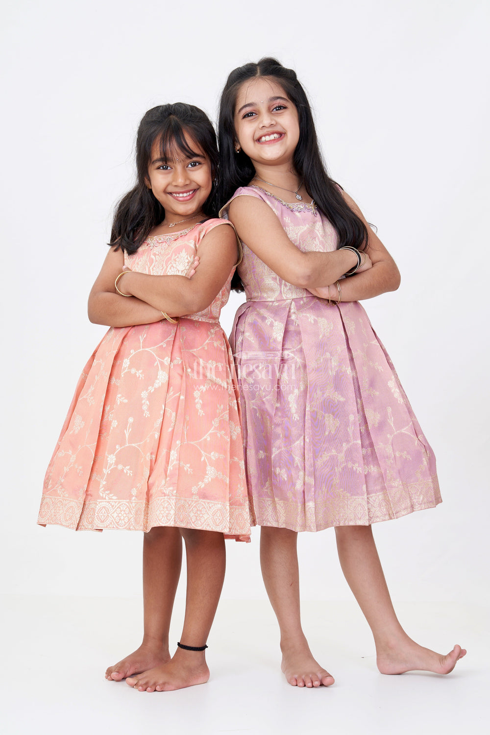 The Nesavu Silk Party Frock Elegant Girls Purple Silk Frock in Gold Tissue Banarasi Jacquard with Traditional Design Nesavu Nesavu Girls Purple Silk Frock Banarasi Jacquard Gold Zari Embroidery