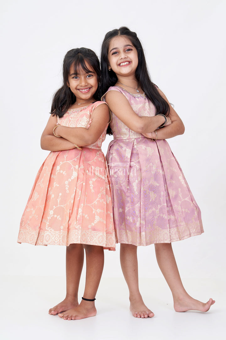 The Nesavu Silk Party Frock Elegant Girls Purple Silk Frock in Gold Tissue Banarasi Jacquard with Traditional Design Nesavu Nesavu Girls Purple Silk Frock Banarasi Jacquard Gold Zari Embroidery