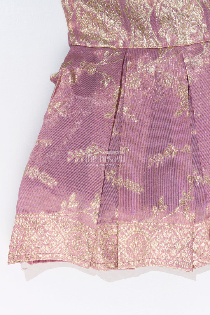 The Nesavu Silk Party Frock Elegant Girls Purple Silk Frock in Gold Tissue Banarasi Jacquard with Traditional Design Nesavu Nesavu Girls Purple Silk Frock Banarasi Jacquard Gold Zari Embroidery