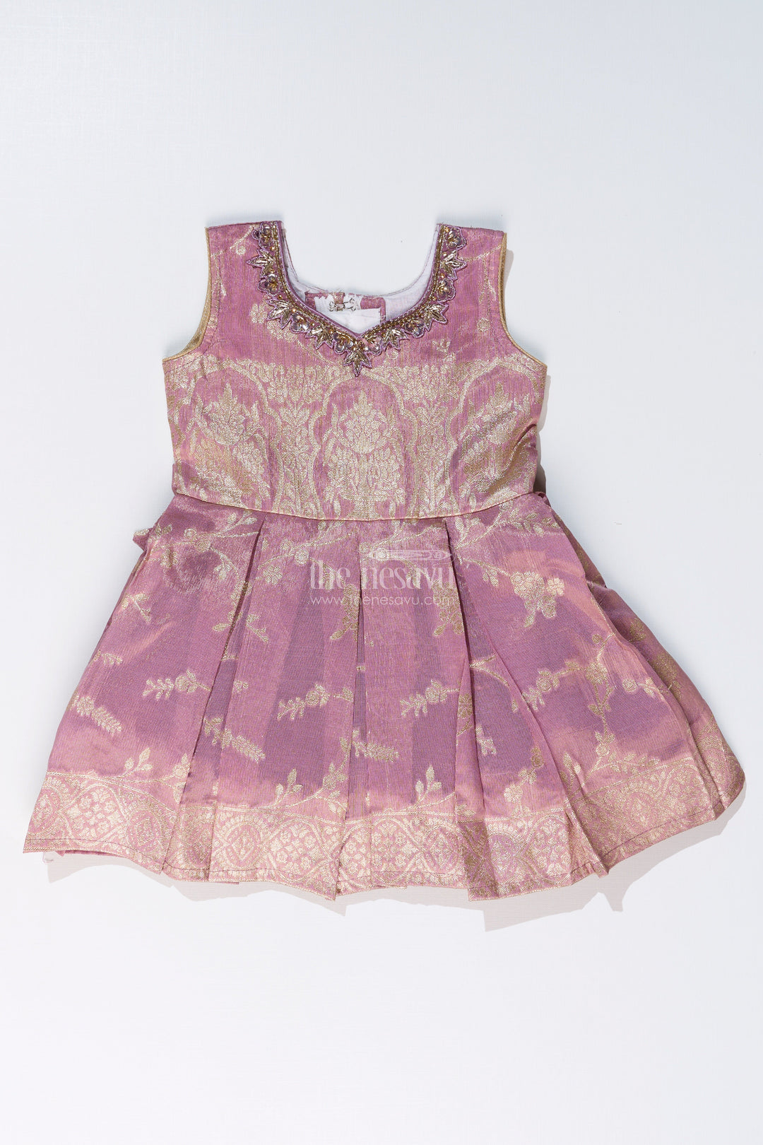 The Nesavu Silk Party Frock Elegant Girls Purple Silk Frock in Gold Tissue Banarasi Jacquard with Traditional Design Nesavu Nesavu Girls Purple Silk Frock Banarasi Jacquard Gold Zari Embroidery