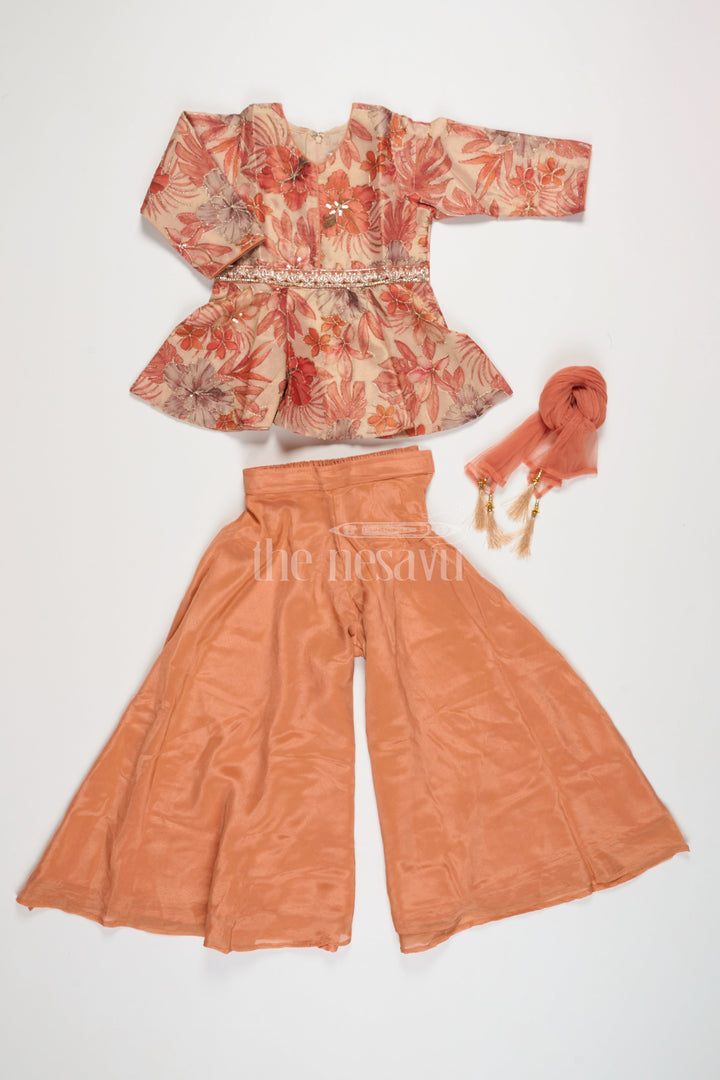 The Nesavu Girls Sharara / Plazo Set Elegant Girls Sharara for Women in Shimmer Organza with Floral Embroidery and 3/4 Sleeves, Perfect for Festive Occasions Nesavu Luxurious Girls Sharara Women Shimmer Organza Floral Embroidery Nesavu Perfect Diwali Festive Occasions