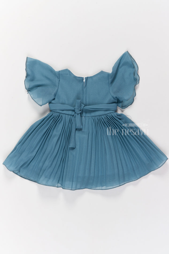 The Nesavu Girls Fancy Frock Elegant Girls Short Frock for Party Wear with Floral Embroidery and Flared Pleats Nesavu Elegant Short Frock Party Wear Girls Party Dress Teal Nesavu