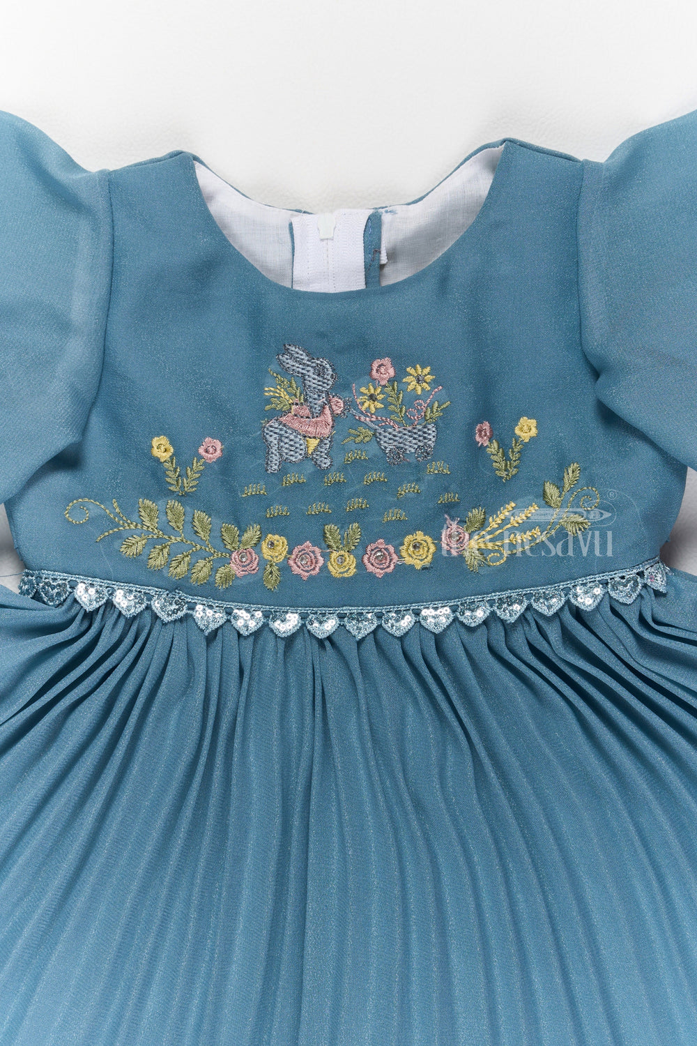 The Nesavu Girls Fancy Frock Elegant Girls Short Frock for Party Wear with Floral Embroidery and Flared Pleats Nesavu Elegant Short Frock Party Wear Girls Party Dress Teal Nesavu