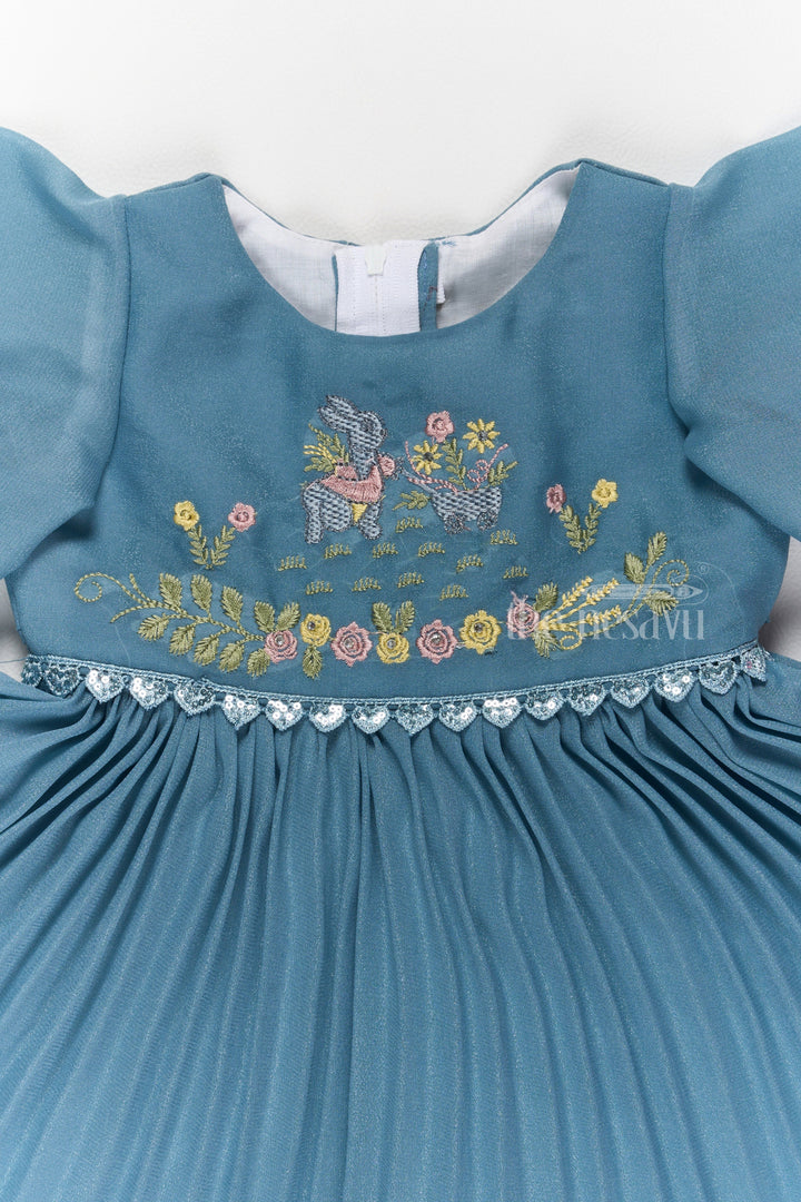 The Nesavu Girls Fancy Frock Elegant Girls Short Frock for Party Wear with Floral Embroidery and Flared Pleats Nesavu Elegant Short Frock Party Wear Girls Party Dress Teal Nesavu