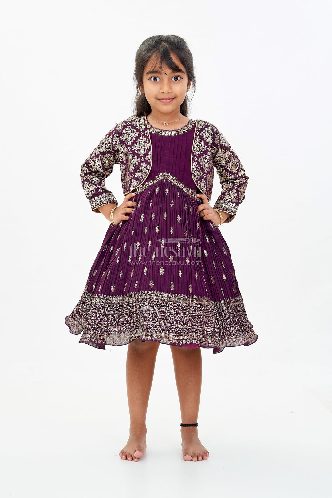 The Nesavu Silk Frock Elegant Girls Silk Dress for Weddings with Gold Foil Prints and Embellished Dupatta Nesavu 18 (2Y) / Purple SF980B-18 Nesavu Girls Silk Dress Weddings Gold Foil Prints Embroidered Dupatta