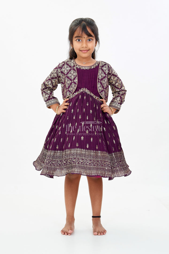 The Nesavu Silk Frock Elegant Girls Silk Dress for Weddings with Gold Foil Prints and Embellished Dupatta Nesavu 18 (2Y) / Purple SF980B-18 Nesavu Girls Silk Dress Weddings Gold Foil Prints Embroidered Dupatta