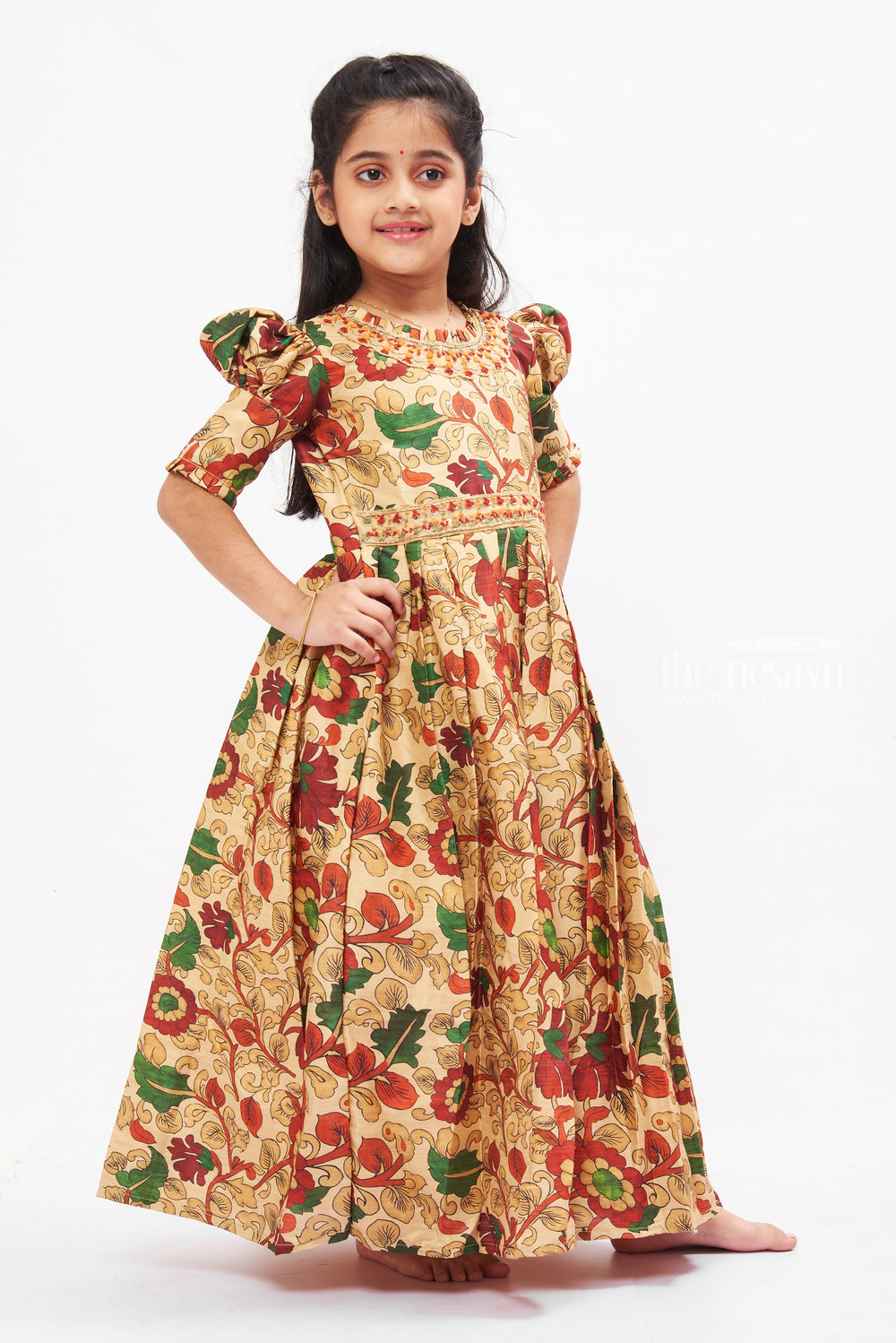 The Nesavu Girls Silk Gown Elegant Girls' Traditional Anarkali Gown - Floral Heritage Dress Nesavu Girls Full-Length Floral Anarkali Gown | Elegant Ethnic Wear | The Nesavu