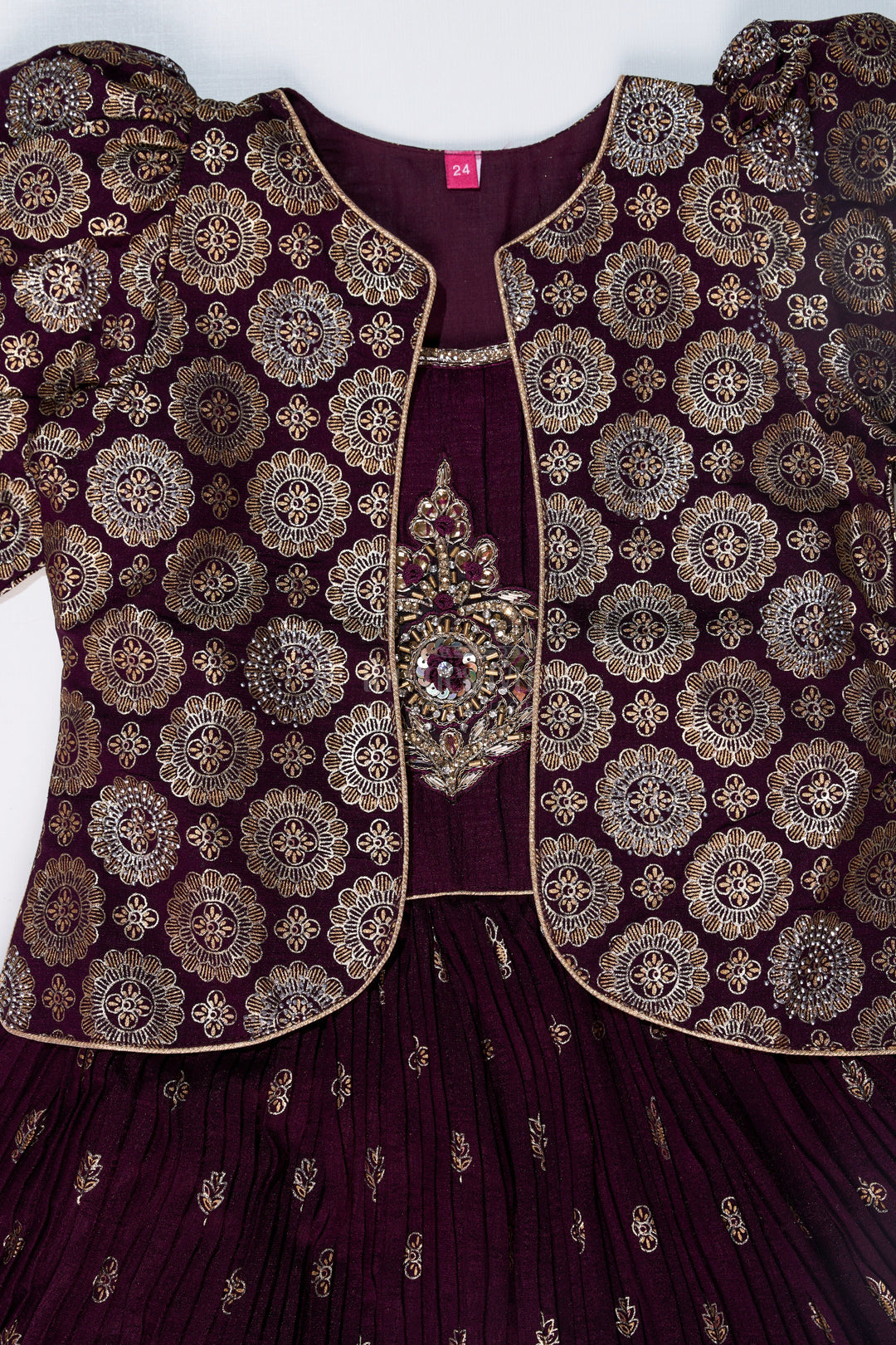 The Nesavu Girls Silk Gown Elegant Girls Wedding Wear Gown in Rich Blend Silk with Foil Prints and Intricate Embroidery Nesavu Nesavu Girls Wedding Wear Gown Blend Silk Foil Prints Embellished Yoke
