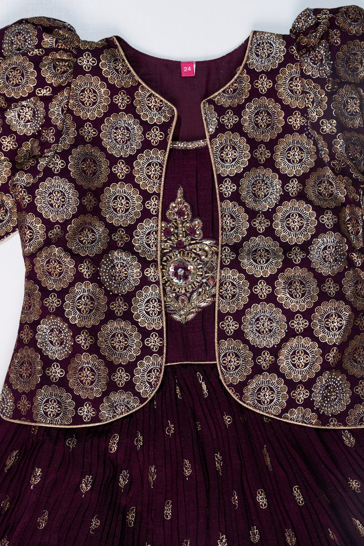 The Nesavu Girls Silk Gown Elegant Girls Wedding Wear Gown in Rich Blend Silk with Foil Prints and Intricate Embroidery Nesavu Nesavu Girls Wedding Wear Gown Blend Silk Foil Prints Embellished Yoke