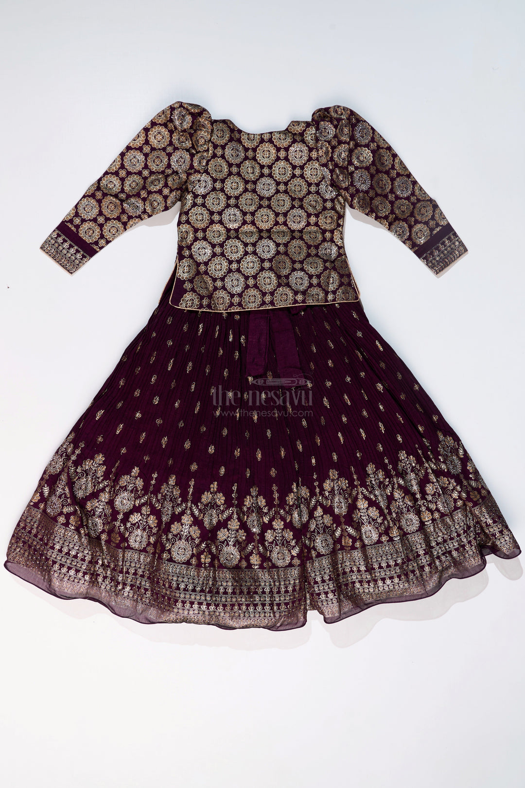 The Nesavu Girls Silk Gown Elegant Girls Wedding Wear Gown in Rich Blend Silk with Foil Prints and Intricate Embroidery Nesavu Nesavu Girls Wedding Wear Gown Blend Silk Foil Prints Embellished Yoke