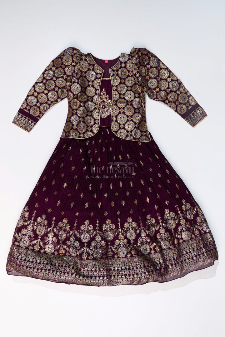 The Nesavu Girls Silk Gown Elegant Girls Wedding Wear Gown in Rich Blend Silk with Foil Prints and Intricate Embroidery Nesavu Nesavu Girls Wedding Wear Gown Blend Silk Foil Prints Embellished Yoke