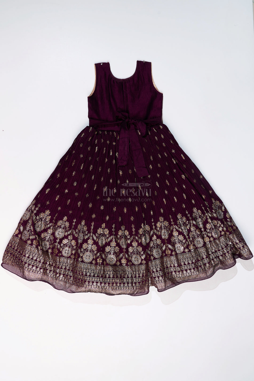 The Nesavu Girls Silk Gown Elegant Girls Wedding Wear Gown in Rich Blend Silk with Foil Prints and Intricate Embroidery Nesavu Nesavu Girls Wedding Wear Gown Blend Silk Foil Prints Embellished Yoke